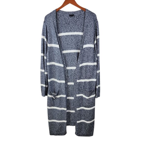 Talbots Long Cardigan Sweater Plus 2X Sweatshirt Stripe Marled Grey Pockets - Picture 1 of 6